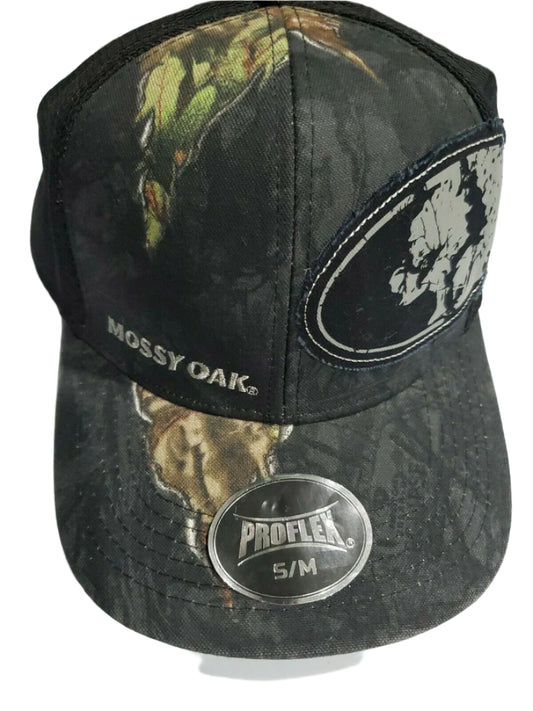 Mossy Oak men’s black camo stretch-fit hat in size S/M with logo patch and breathable mesh back, shown from multiple angles.