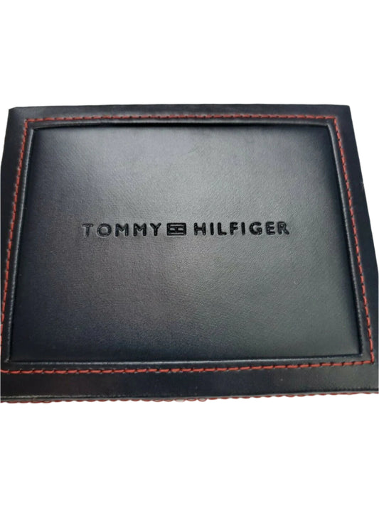 Men’s black leather bi-fold wallet with card holder by Tommy Hilfiger, shown in gift box