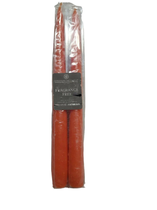 
Set of two fragrance-free 10-inch taper candles in terracotta, sealed in a Chesapeake Bay gift pack.