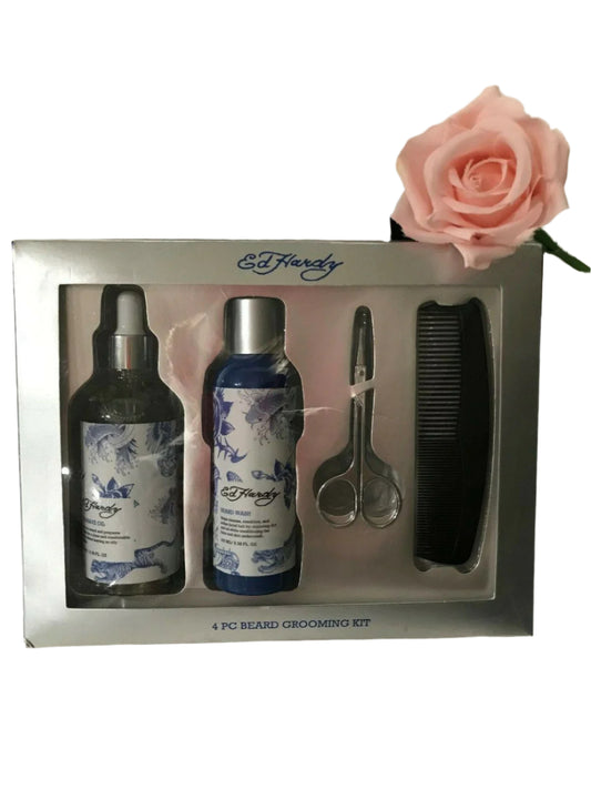 4-piece beard grooming kit with pre-shave oil, beard wash, scissors, and comb in gift box – Ed Hardy