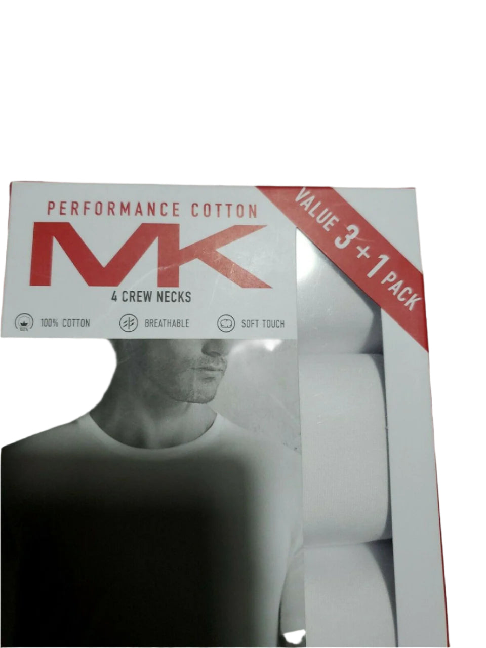 Michael Kors men's 4-pack white cotton crew neck undershirts in red and white packaging, size Large.