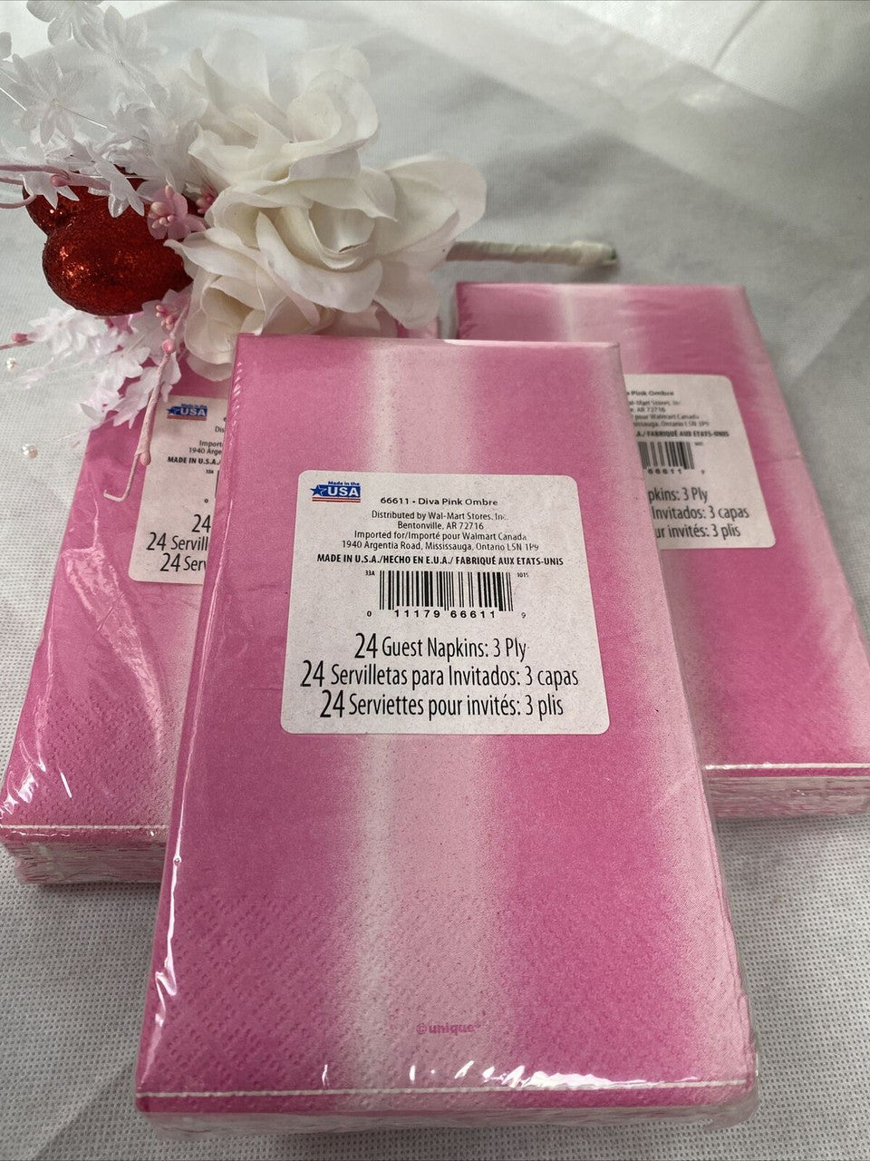 Guest Napkins 3 Packs Diva PINK Ombre #66611 3 Ply 24 Pack Made in USA