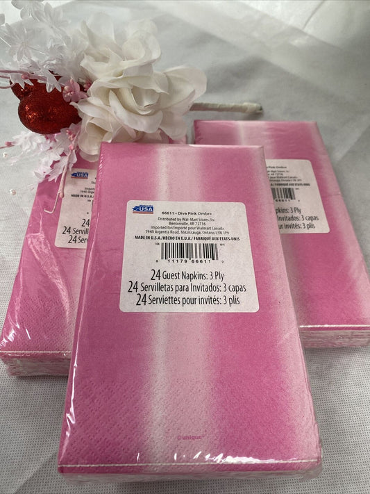 Guest Napkins 3 Packs Diva PINK Ombre #66611 3 Ply 24 Pack Made in USA