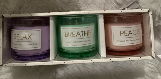 Season Of Love 3-piece aromatherapy candle set with Relax, Breathe, and Peace scents in 4oz jars – essential oil blend gift set