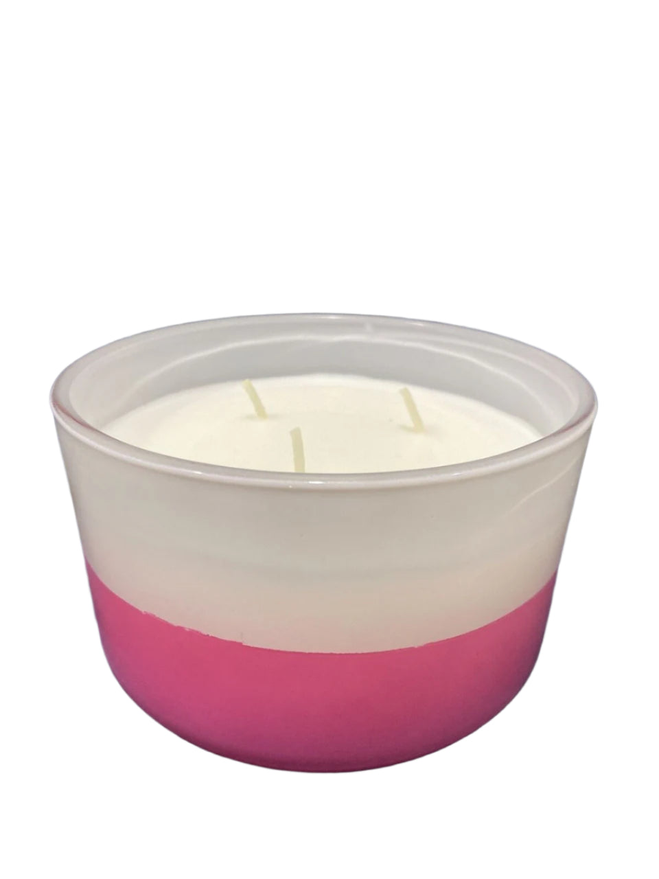 12 oz DW Home 3-wick candle in a pink and white ceramic jar, scented with dragonfruit, papaya, and melon