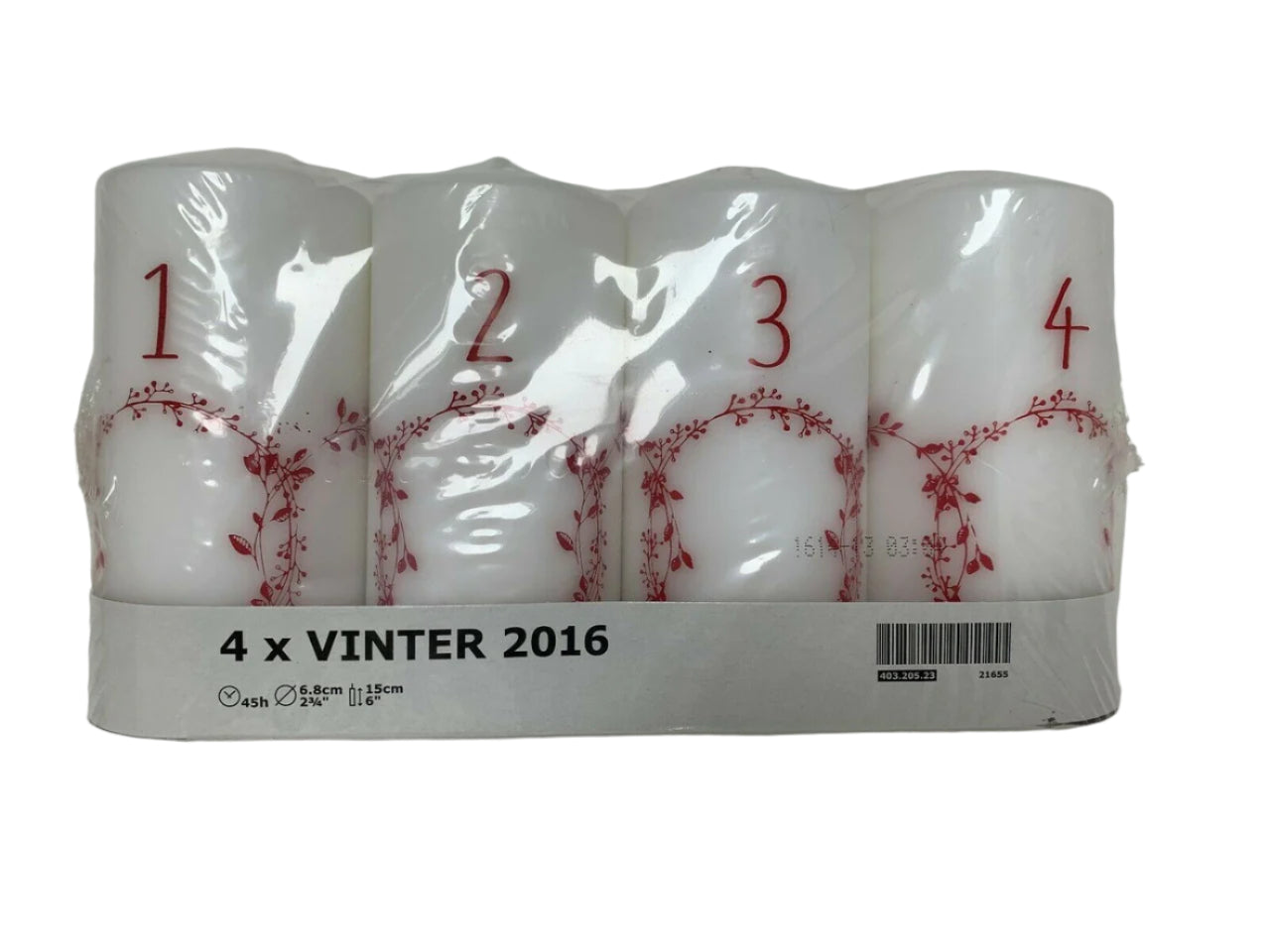 IKEA Vinter 2016 Advent candle set with 4 white unscented block candles numbered 1 to 4 in red print, new in package.