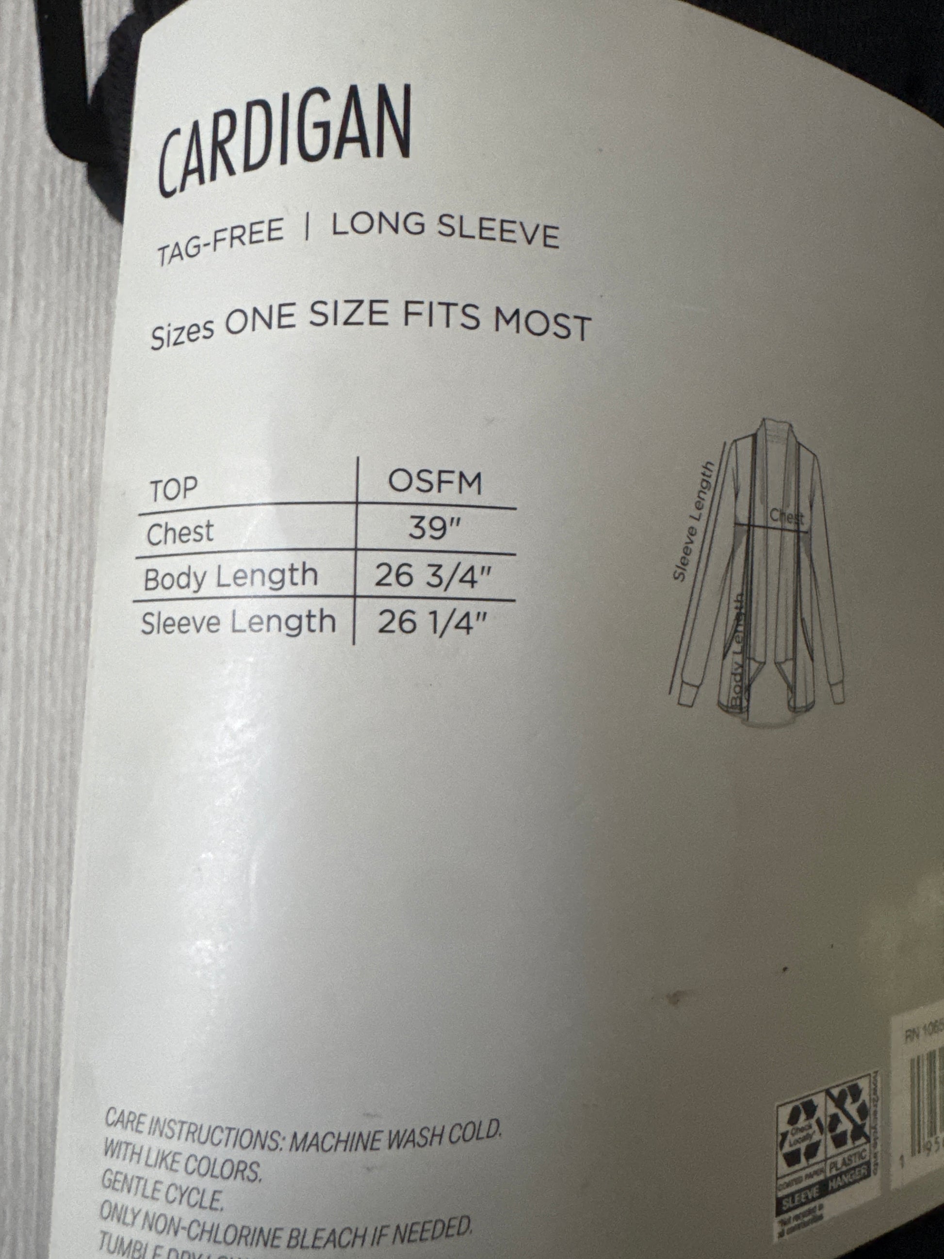West Loop black cardigan packaging showing model wearing tag-free long sleeve open-front sweater, one size fits most