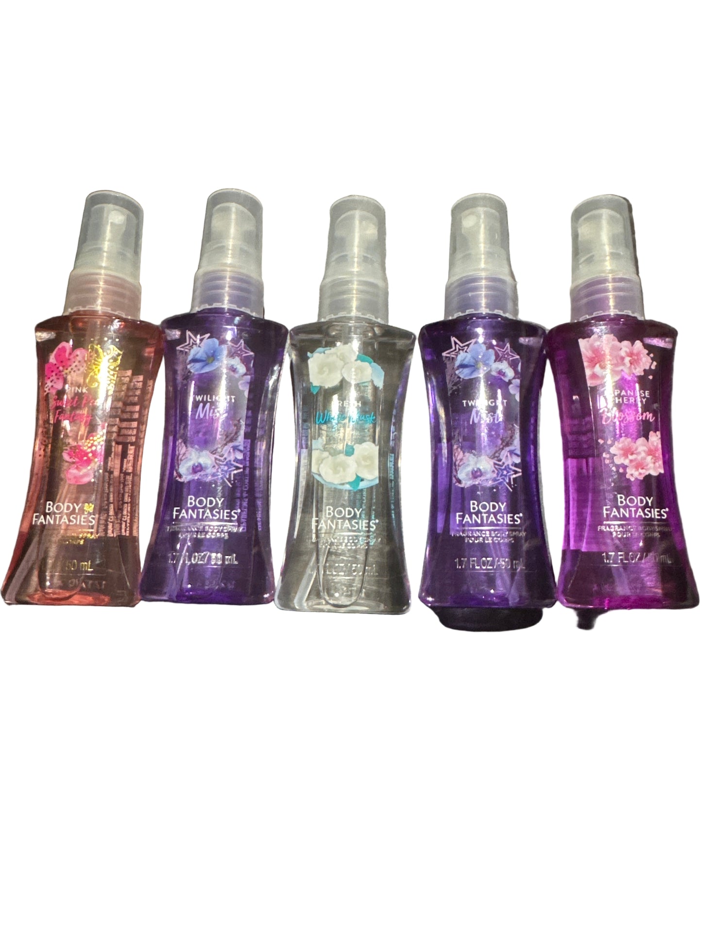 Five assorted 1.7 fl oz body mists including Sweet Pea Fantasy, Twilight Mist, Fresh White Musk, and Japanese Cherry Blossom.