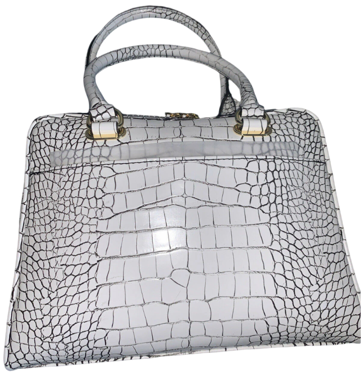 Calvin Klein white crocodile leather handbag with gold accents, adjustable crossbody strap, and black interior with multiple pockets.