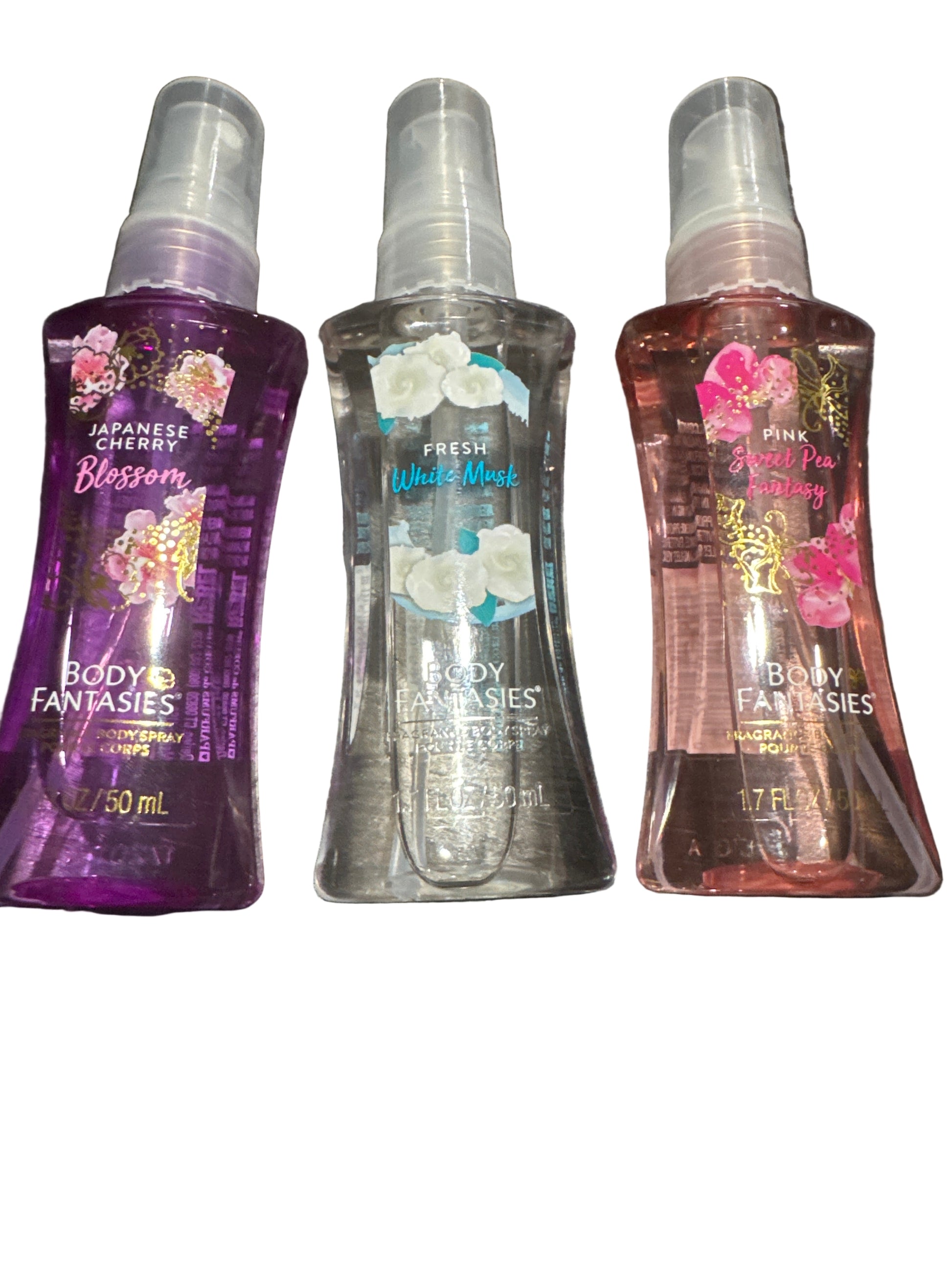 Three 1.7 fl oz body mists labeled Japanese Cherry Blossom, Fresh White Musk, and Pink Sweet Pea Fantasy.