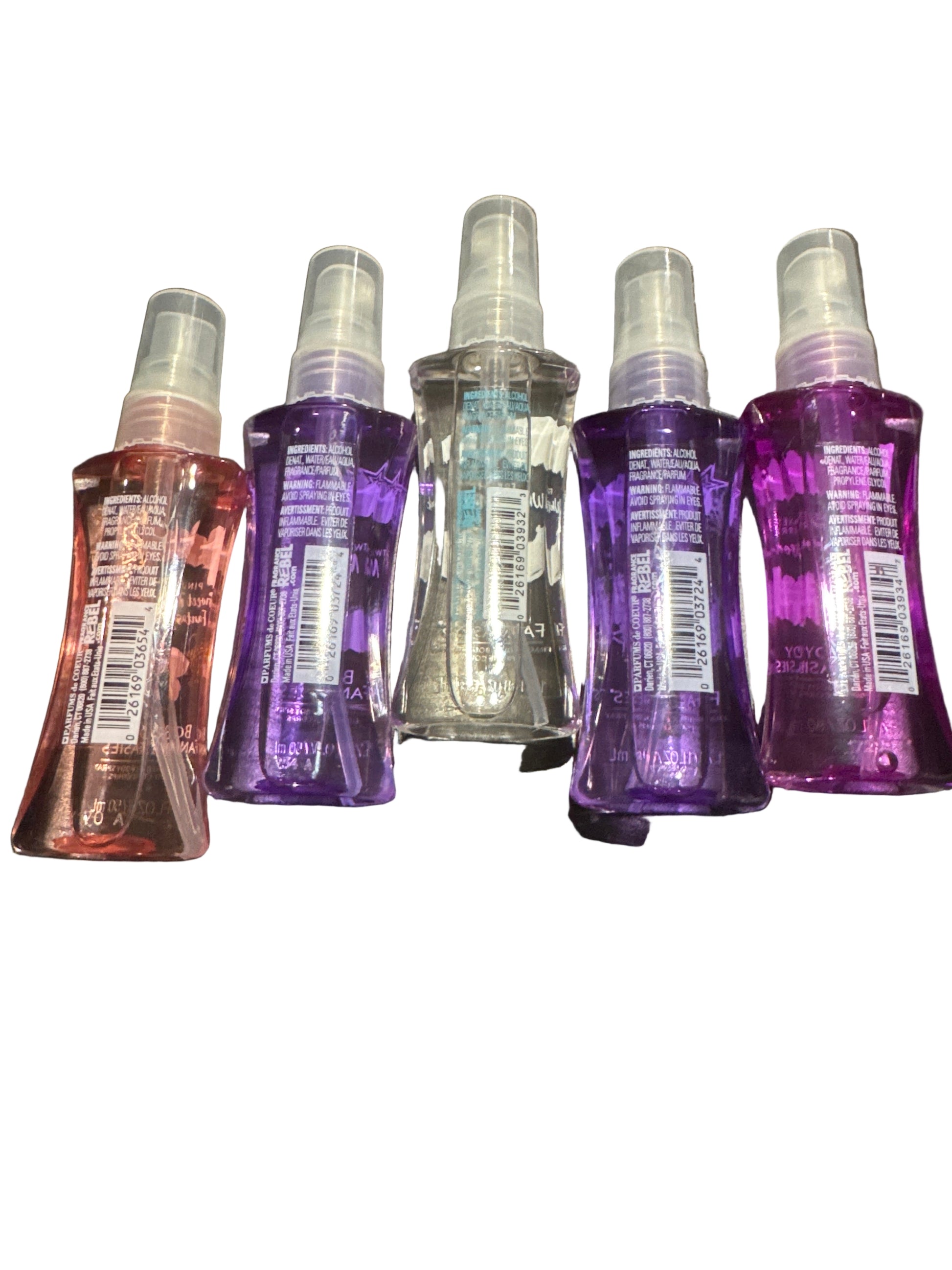 Five assorted 1.7 fl oz body mists including Sweet Pea Fantasy, Twilight Mist, Fresh White Musk, and Japanese Cherry Blossom.