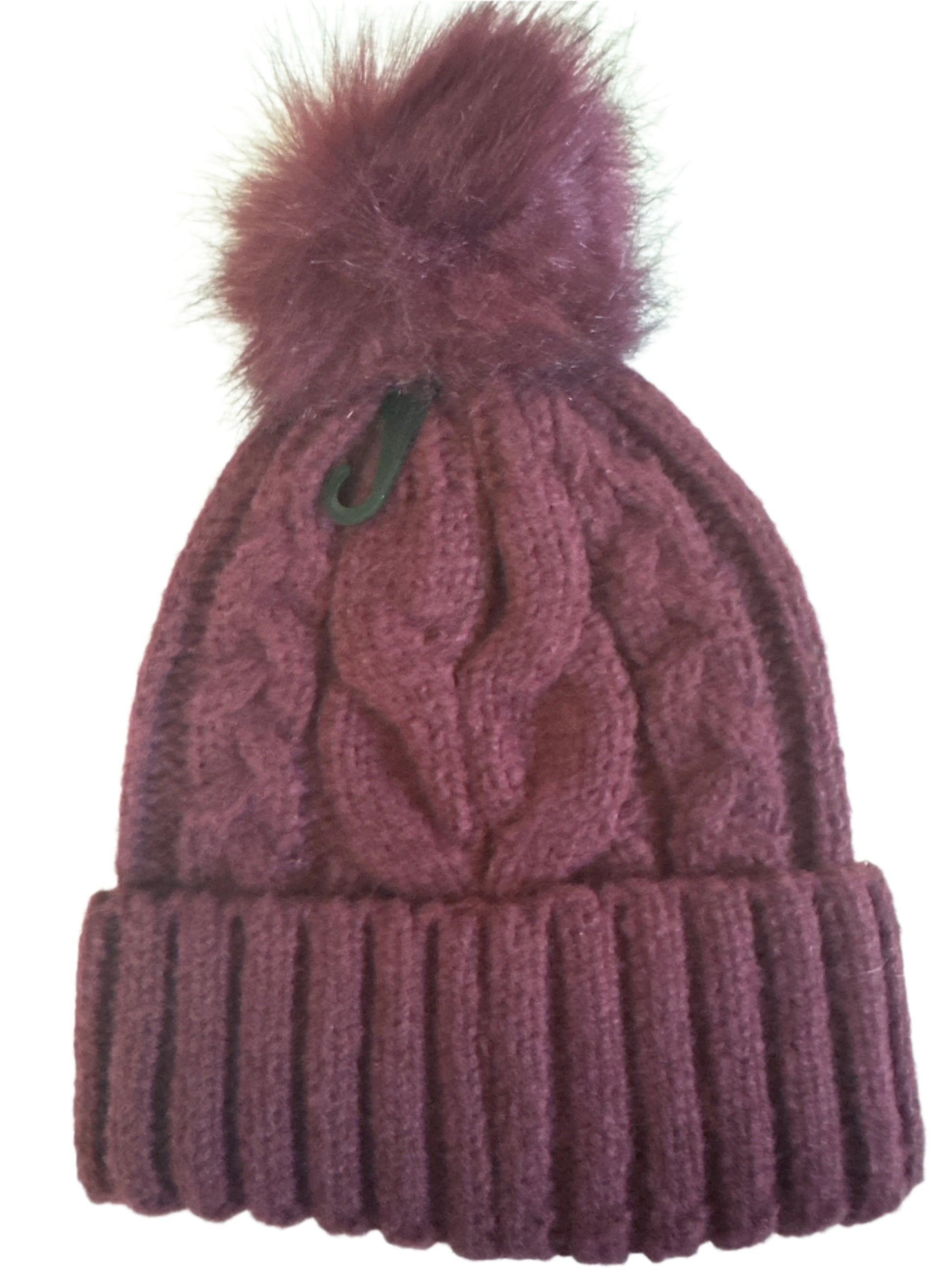 burgundy cable knit beanie with faux fur pom pom, one size winter hat
