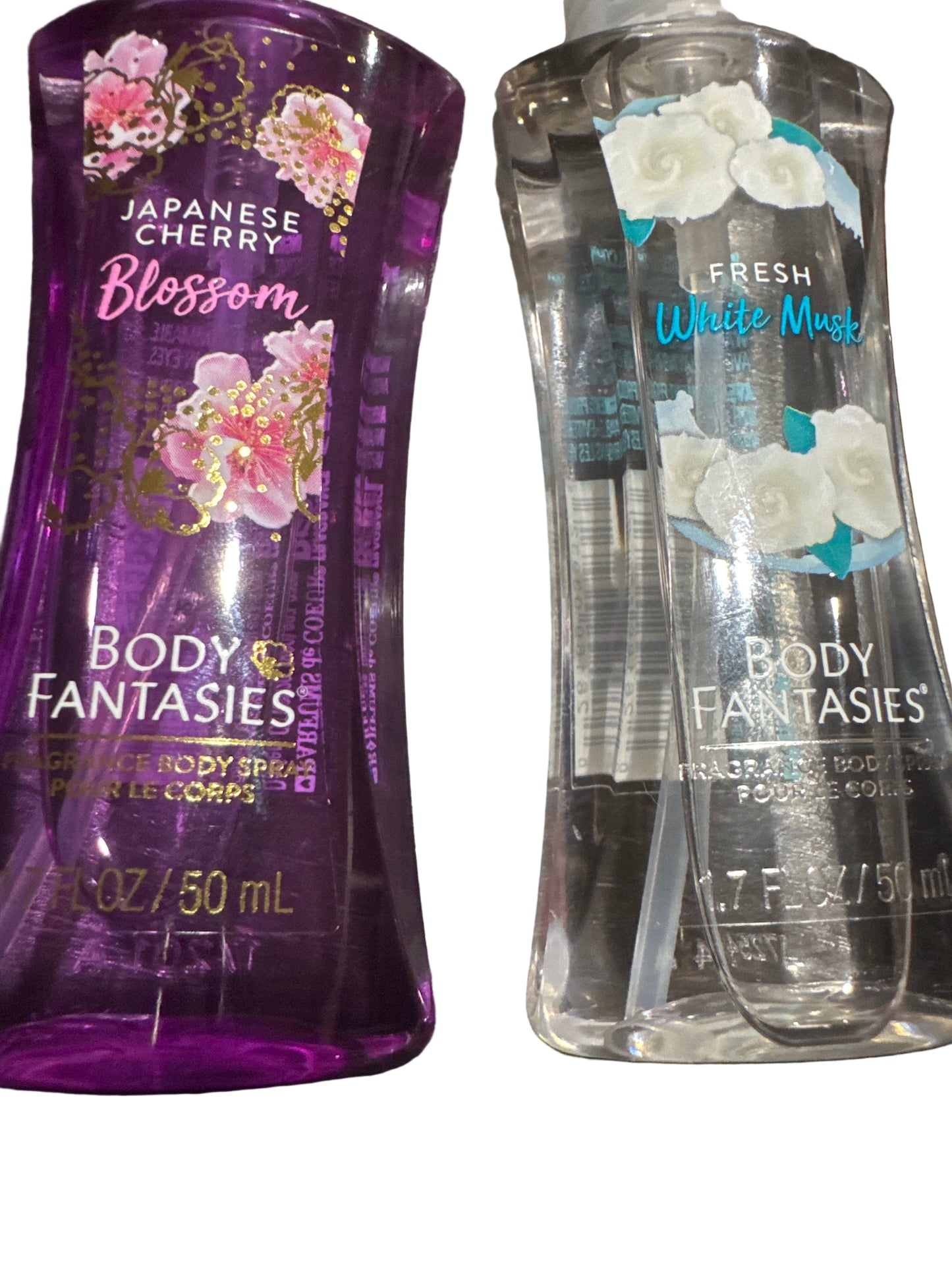 Three 1.7 fl oz body mists labeled Japanese Cherry Blossom, Fresh White Musk, and Pink Sweet Pea Fantasy.