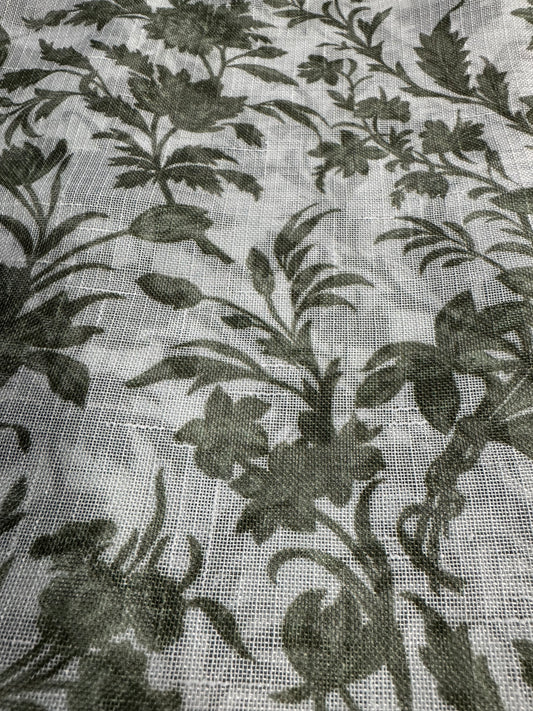 Set of 2 green floral sheer curtain panels by Laura Ashley, 38x84 with rod pocket

