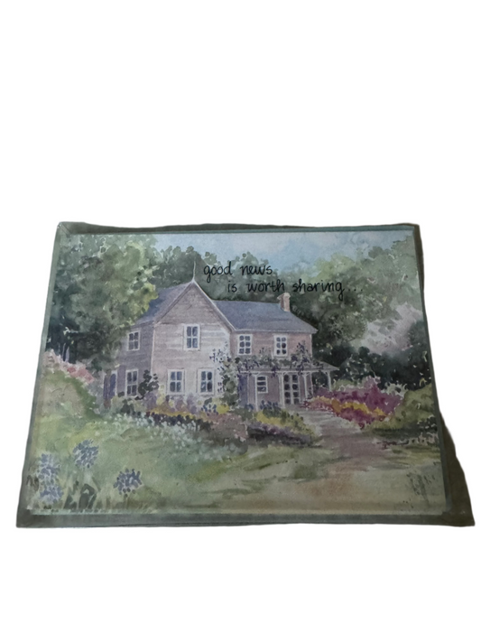 Greeting card set titled “Good News Is Worth Sharing” with watercolor house illustration on the cover, includes 10 moving announcement cards and envelopes.