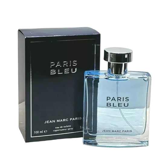 Jean Marc Paris Paris Bleu 3.4 oz Eau de Toilette Spray bottle and packaging – men's fragrance.