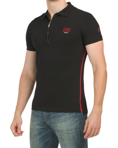 Men’s black polo shirt with red side stripes, leather collar, and zip front from Diesel x AC Milan capsule collection
