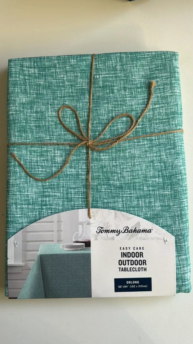 Tablecloth Woven Cross Dyed  60" x 84" | Water & Fade Resistant, Green/Blue