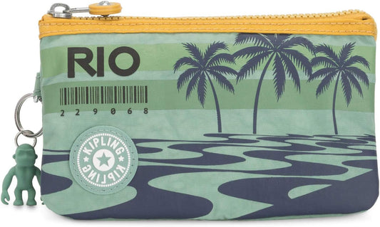 Kipling Creativity Pouch in Rio Palm print with bright yellow trim, triple zip compartments, compact 7.25″ × 4.25″ × 0.5″ size, perfect for travel and everyday use.