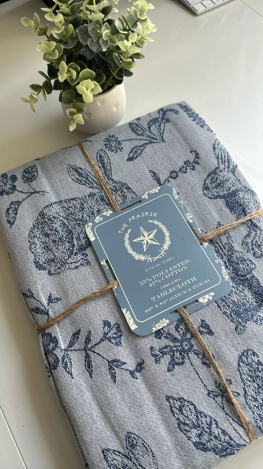 Tablecloth Rachel Ashwell Bunny Field Jacquard  Oblong 60" x 84" | Blue, Cotton-Poly Blend