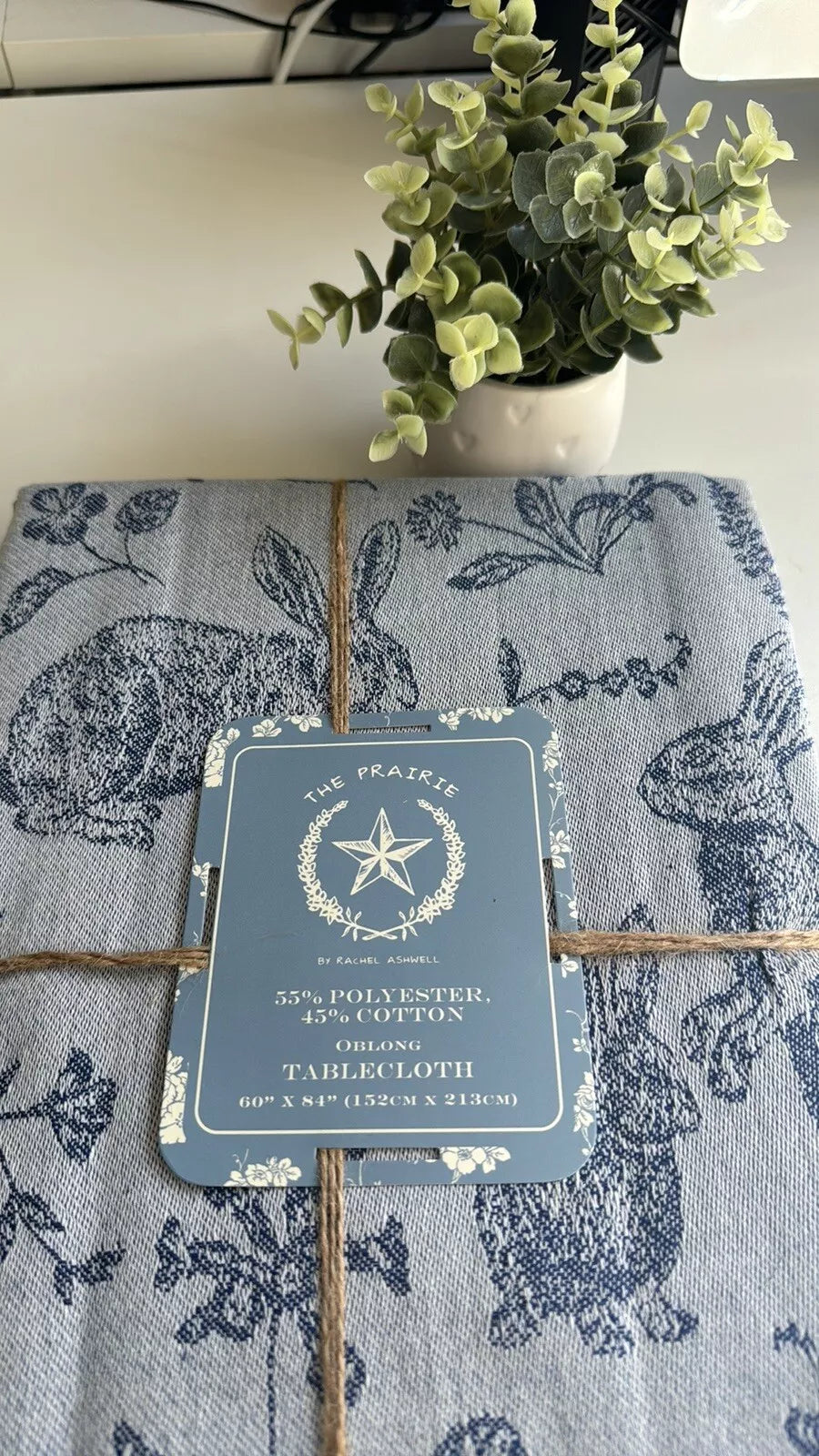 Tablecloth Rachel Ashwell Bunny Field Jacquard  Oblong 60" x 84" | Blue, Cotton-Poly Blend