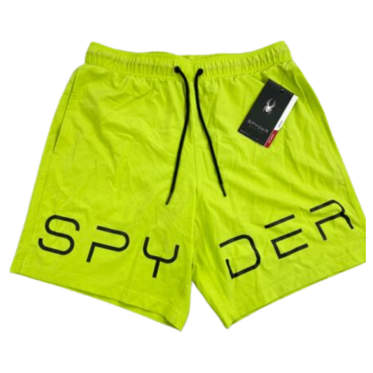 Lime green men’s swim trunks with black Spyder logo, elastic waistband, and built-in brief