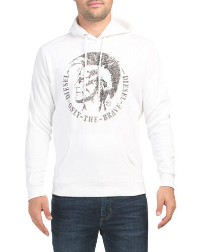 Men’s white hoodie with black Diesel logo graphic on front, kangaroo pocket, and drawstring hood – size L
